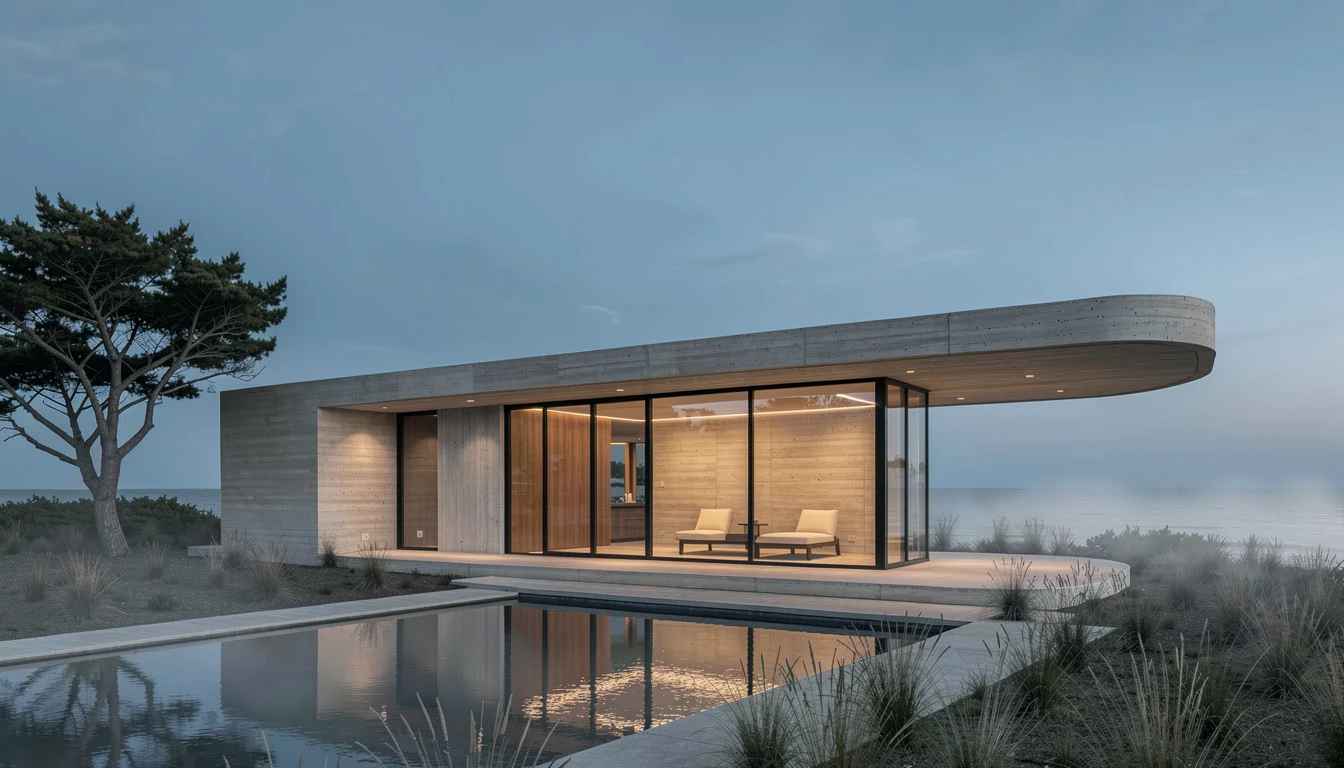 A concrete pavilion with sea mist at blue hour, from AFTER HOURS.