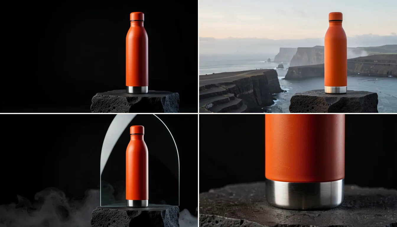 Four variations of the same orange bottle in a grid.