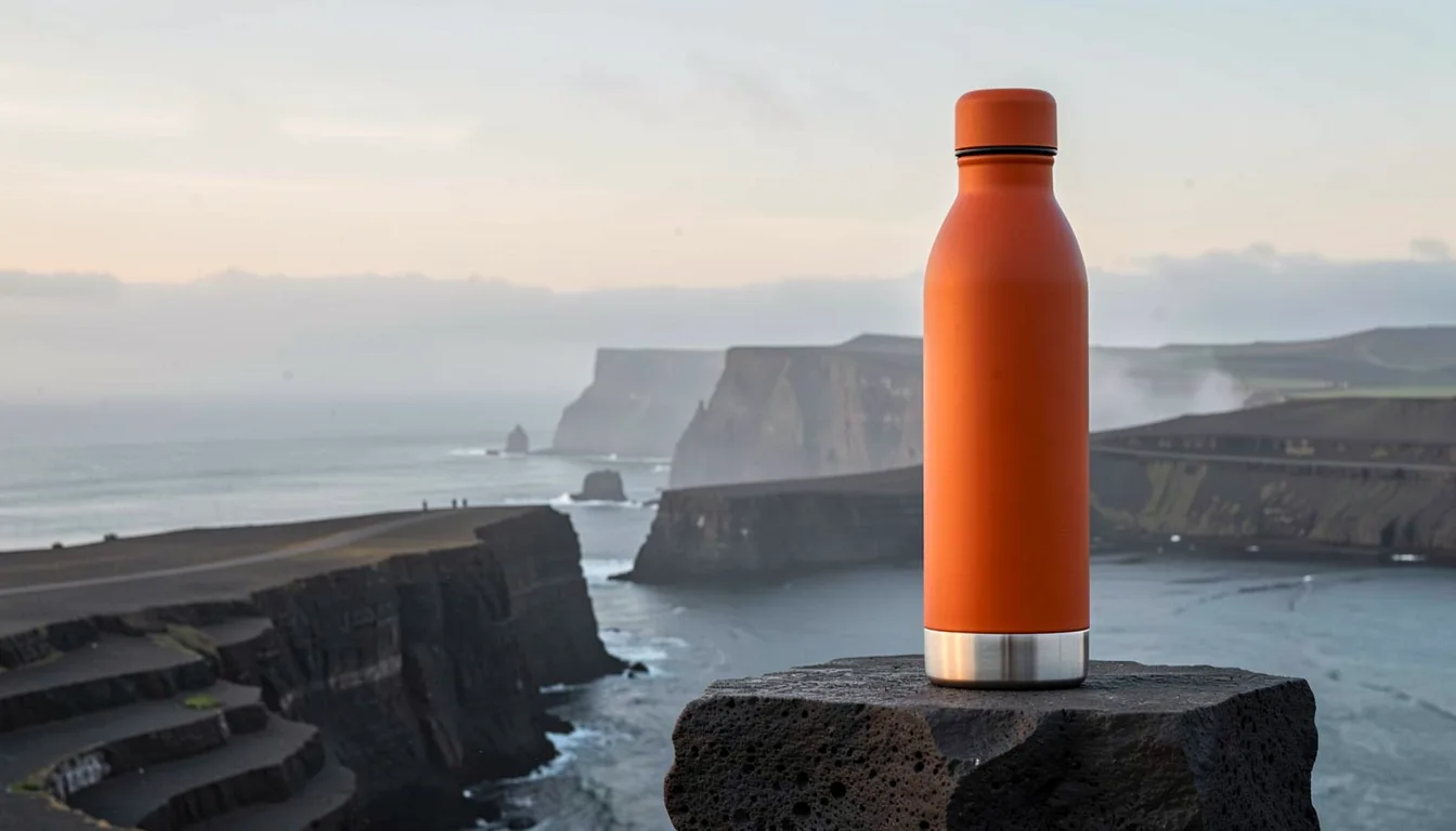 An orange bottle on a clifftop above the sea, from FORM / FIELD.