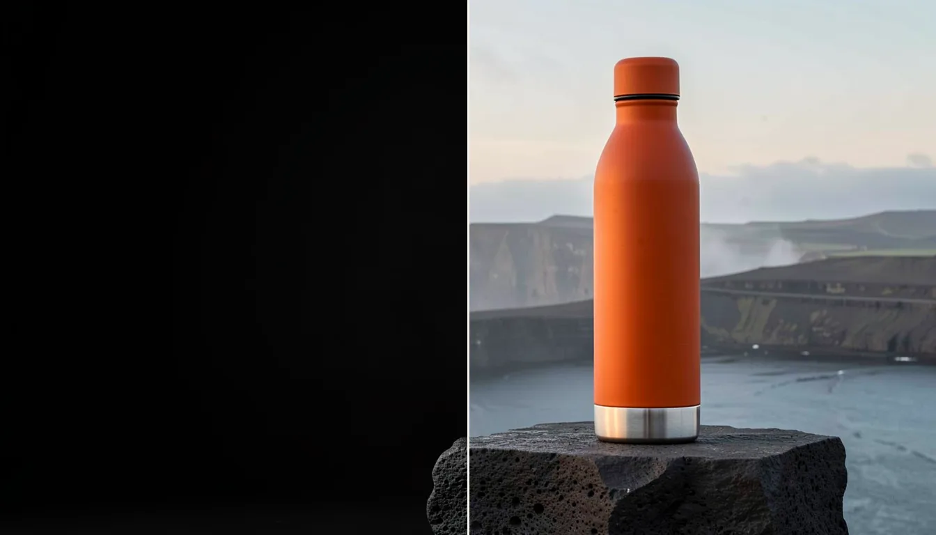The orange bottle in the studio on the left half and on a clifftop on the right half.