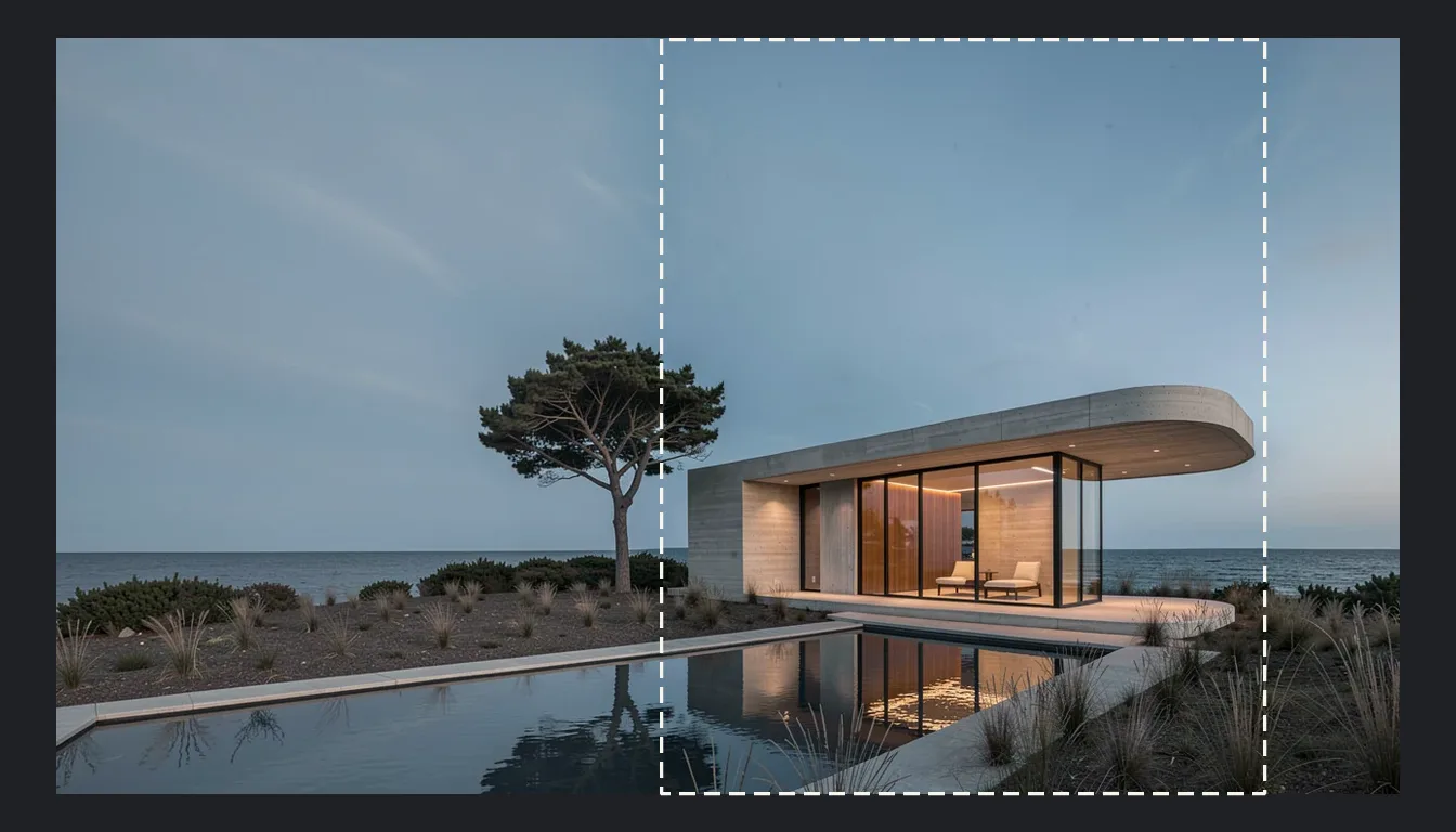 A 16:9 pavilion image with a dashed box marking the original 4:5 frame.