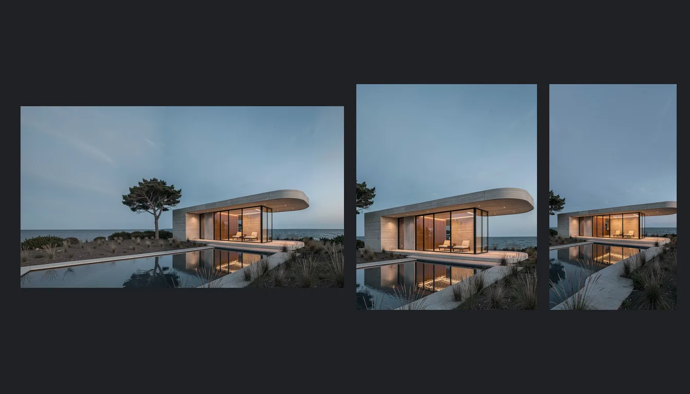 The same pavilion image exported as 16:9, 4:5 and 9:16.