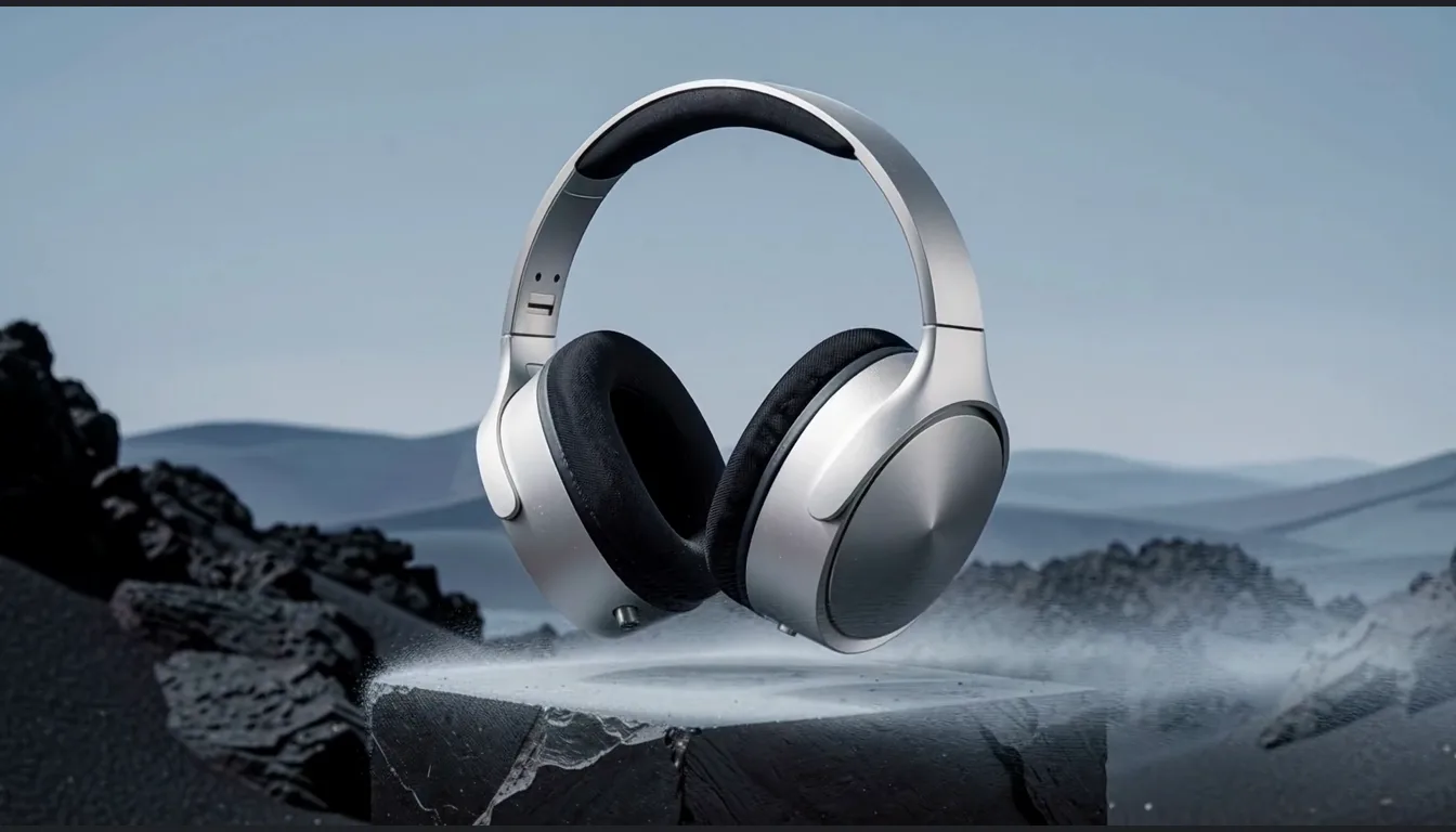 Silver headphones on dark rock in a desert, a frame from a generated motion study.