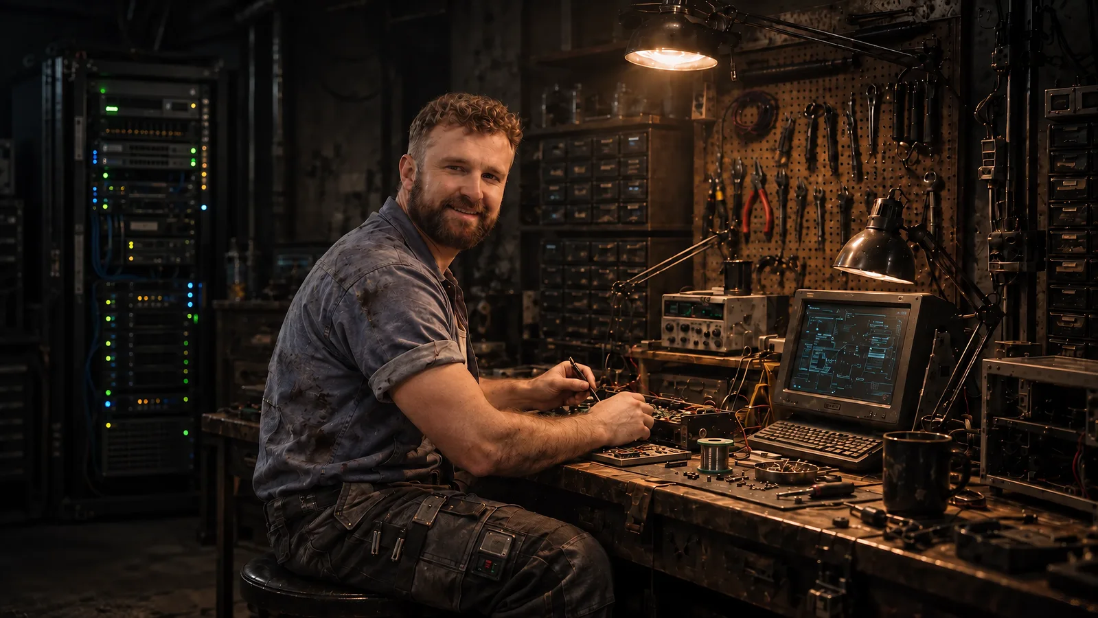 Ivan smiling at an electronics workbench, with server racks and tools behind him.
