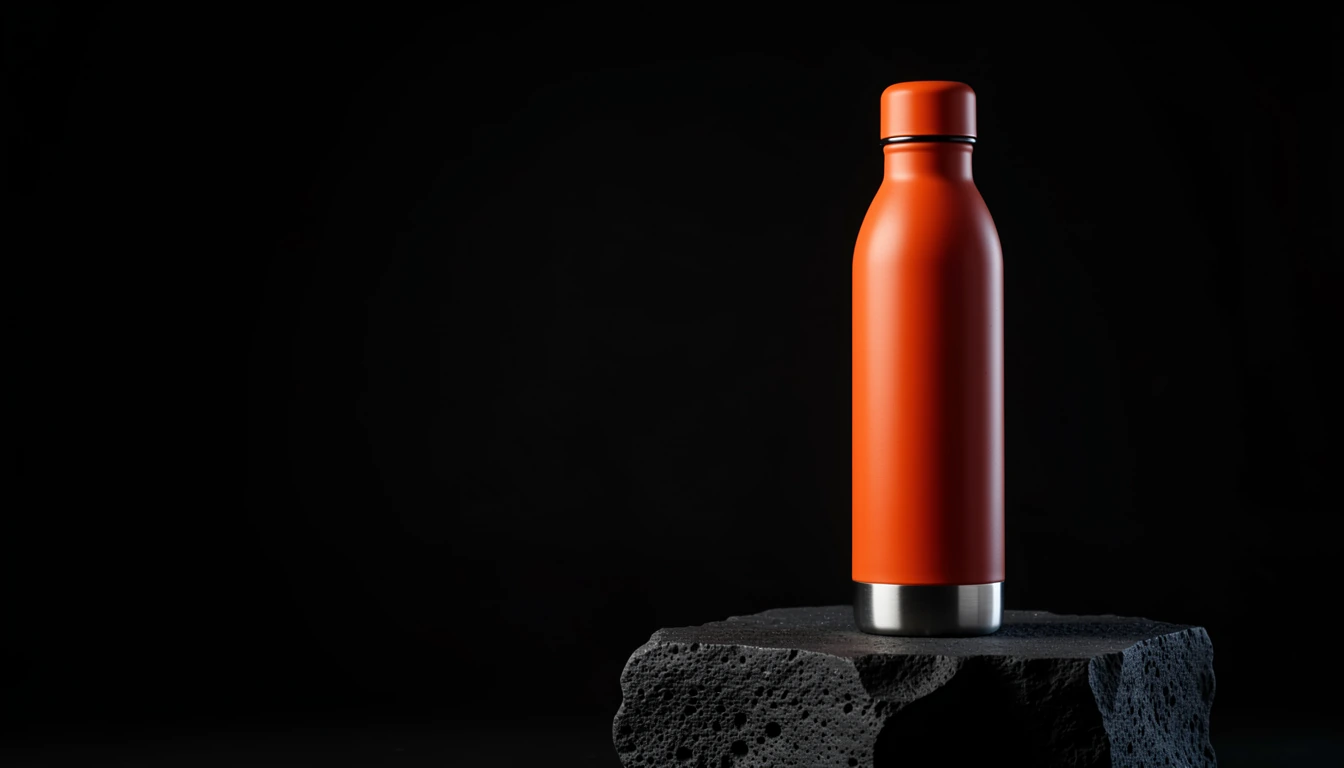 Orange reusable bottle on dark stone in a black studio