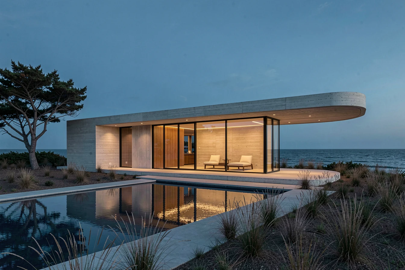 A low sculptural concrete coastal retreat with amber interiors reflected in a still pool at blue hour.