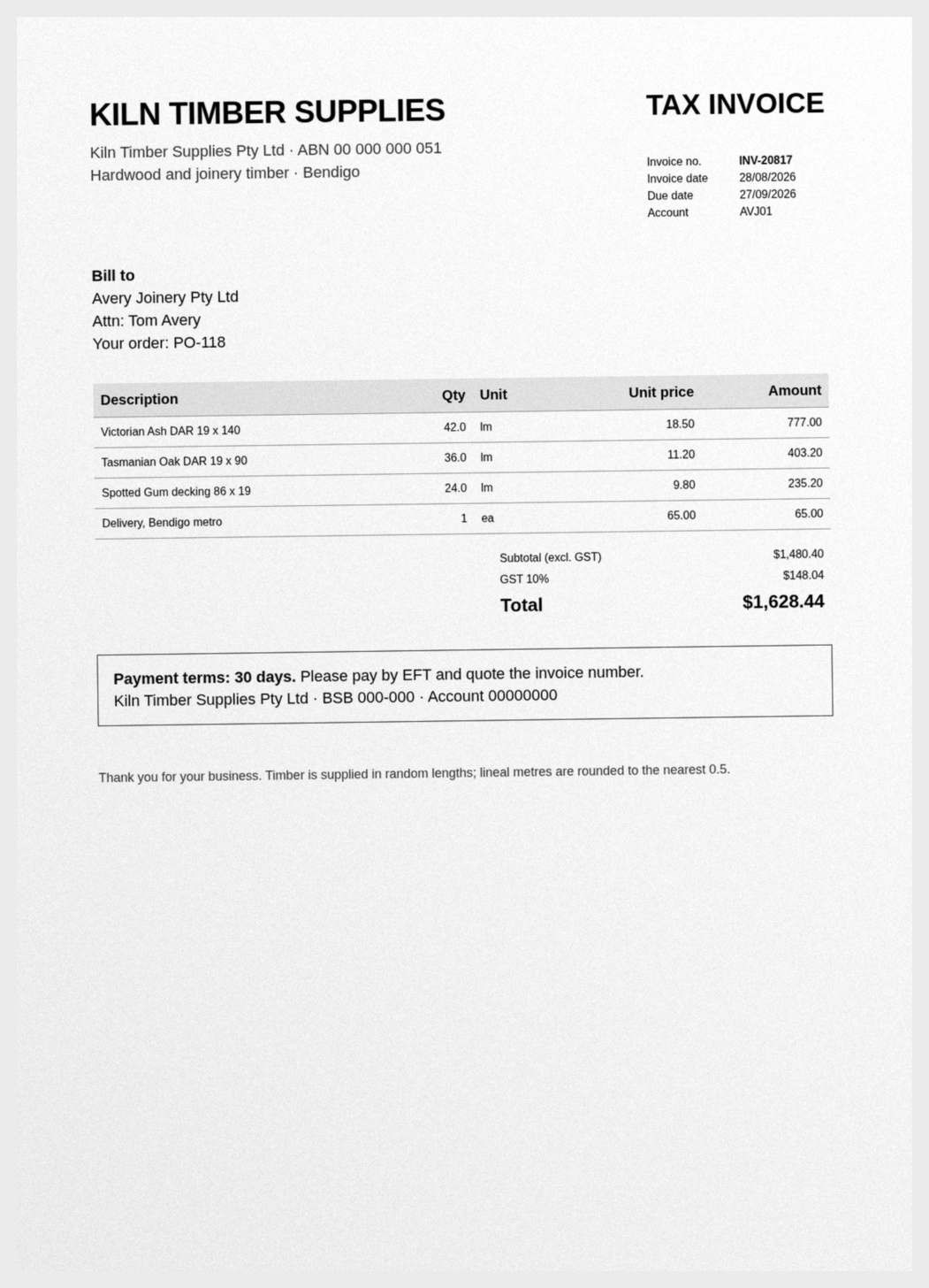 Scanned tax invoice from Kiln Timber Supplies to Avery Joinery, total $1,628.44.