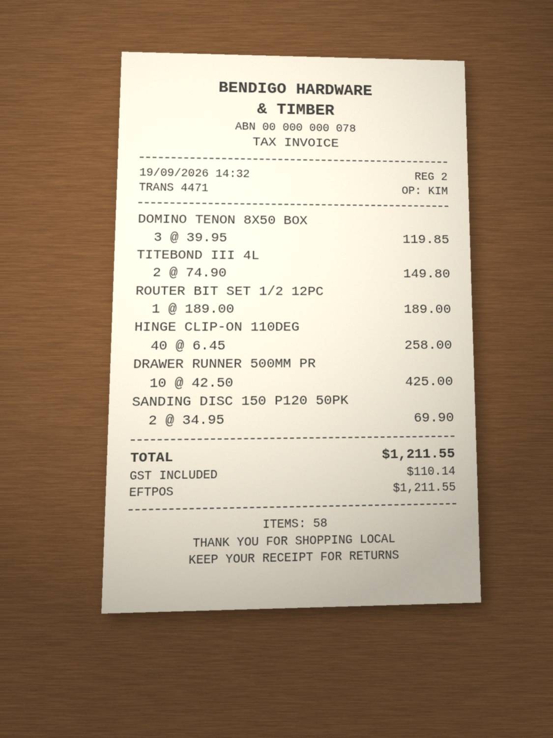Phone photo of a Bendigo Hardware & Timber till receipt, total $1,211.55.