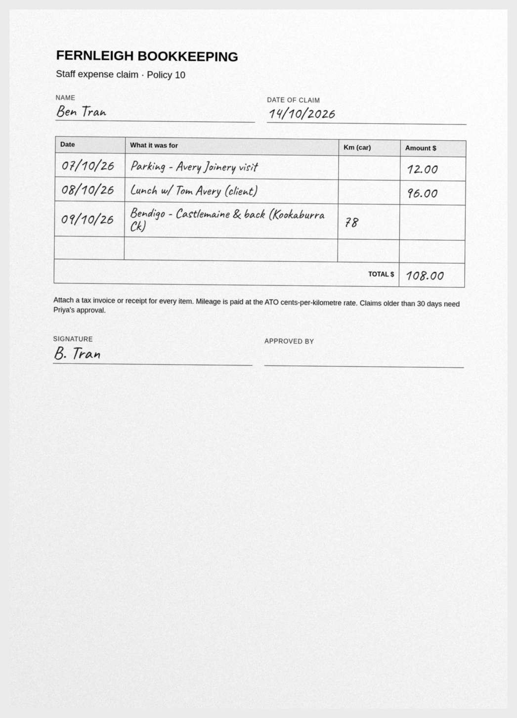 Scanned staff expense claim filled in by hand by Ben Tran, total $108.00.